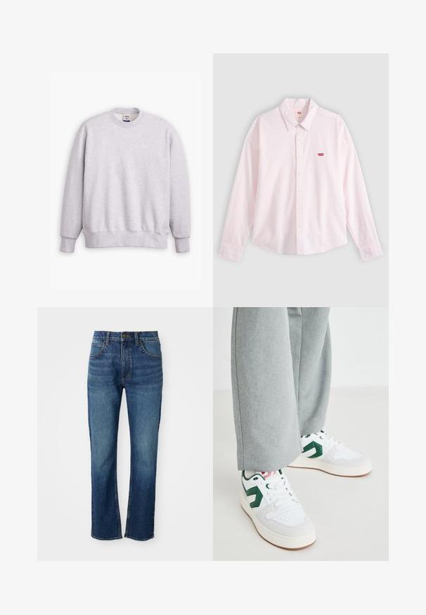 Grijze sweatshirt met ronde hals, lange mouwen, ribbelmanchetten en zoom. Heeft een klein "Levi's"-logo in lichtgeel op de voorkant.; Lichtroze overhemd met lange mouwen, knoopsluiting en kraag, met een rood Levi's logo-label op de linkerborst, weergegeven op een effen achtergrond.; Blauwe denim jeans met een rechte pijpdesign, voorzien van vijf zakken, een knoopsluiting en contrasterende gele stiksels. Gladde textuur.; Witte en groene sneakers van glad leer en suedemateriaal, met een opvallende groene logo-accent en witte veters. Grijze broeken gedeeltelijk zichtbaar.
