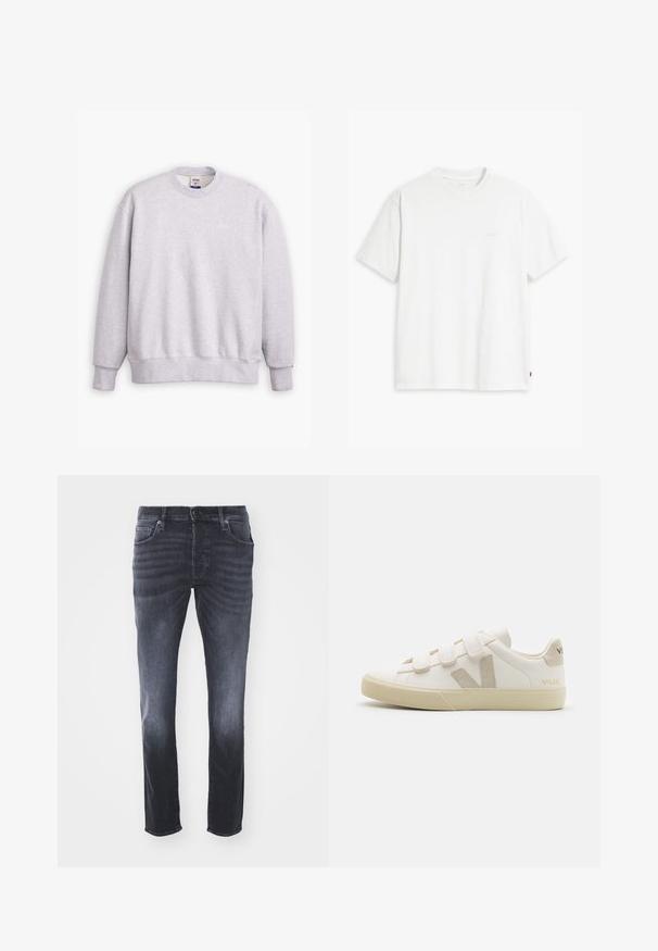 Sudadera gris con cuello redondo, mangas largas, puños acanalados y dobladillo. Presenta un pequeño logo de "Levi's" en amarillo claro en la parte frontal.; Camiseta de algodón blanca con mangas cortas, cuello redondo y un sutil logo "Levi's" impreso en color claro en la parte frontal.; Vaqueros de mezclilla gris oscuro con un diseño clásico de pierna recta, que incluyen bolsillos frontales, cremallera con cierre de botón y un ligero desgastado.; Zapatillas de cuero blancas con correas de Velcro, acentos beige, punta redondeada, suela de goma texturizada y logo en relieve. Diseño minimalista.