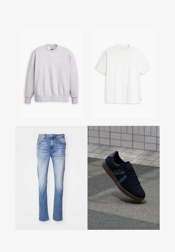 Sivý sveter s okrúhlym výstrihom, dlhými rukávmi, rebrovanými manžetami a lemom. Na prednej strane sa nachádza malé logo "Levi's" v svetložltej farbe.; Biele bavlnené tričko s krátkymi rukávmi, okrúhlym výstrihom a jemne svetlým logom "Levi's" potlačeným na prednej strane.; Svetlomodré džínsy s rovnými nohavicami, s vyblednutým umývaním, piatimi vreckami a zapínaním na gombíky.; Čierne tenisky s textúrovaným povrchom, tmavozelené pruhy a hnedou gumovou podrážkou. Obsahujú šnurovanie a značku na boku.