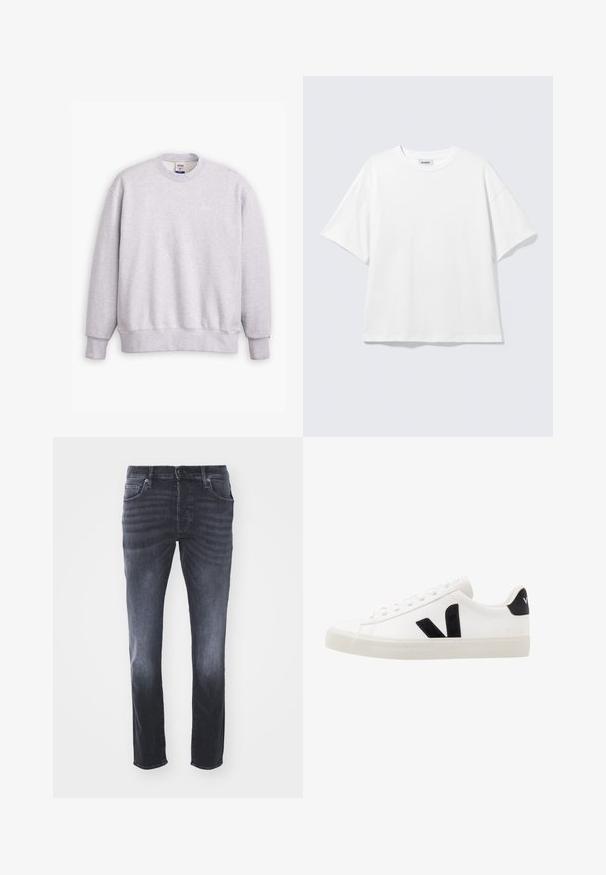 Sivý sveter s okrúhlym výstrihom, dlhými rukávmi, rebrovanými manžetami a lemom. Na prednej strane sa nachádza malé logo "Levi's" v svetložltej farbe.; Biele oversize tričko s krátkym rukávom a okrúhlym výstrihom s padnutými ramenami, položené na svetlošedom pozadí.; Tmavošedivé džínsy s klasickým rovný strihom, ktorý obsahuje predné vrecká, zips s gombíkovým uzáverom a jemné vyblednutie.; Biele kožené tenisky s čiernymi semišovými akcentmi; majú gumovú podrážku, okrúly špičku a klasický šnurovací dizajn. Na boku logo v čiernej farbe.