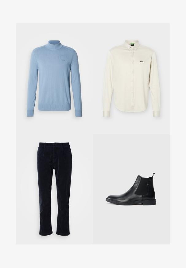 Lichtblauwe turtleneck trui van een gladde breisel, met ribgebreide manchetten en zoom, en een klein logo op de borst.; Witte lange mouwen overhemd met knopen en kraag, zwart "BOSS" logo op de linkerborst en manchetten met knopen, getoond tegen een effen achtergrond.; Marineblauwe corduroy broeken met een platte voorkant, twee zijzakken en een enkele knoopsluiting. Zacht van textuur, licht toelopende pijpen.; Zwarte leren Chelsea-boots met elastische zijpanelen, een treklipje en een vlakke rubberen zool. Gladde textuur met minimale details.