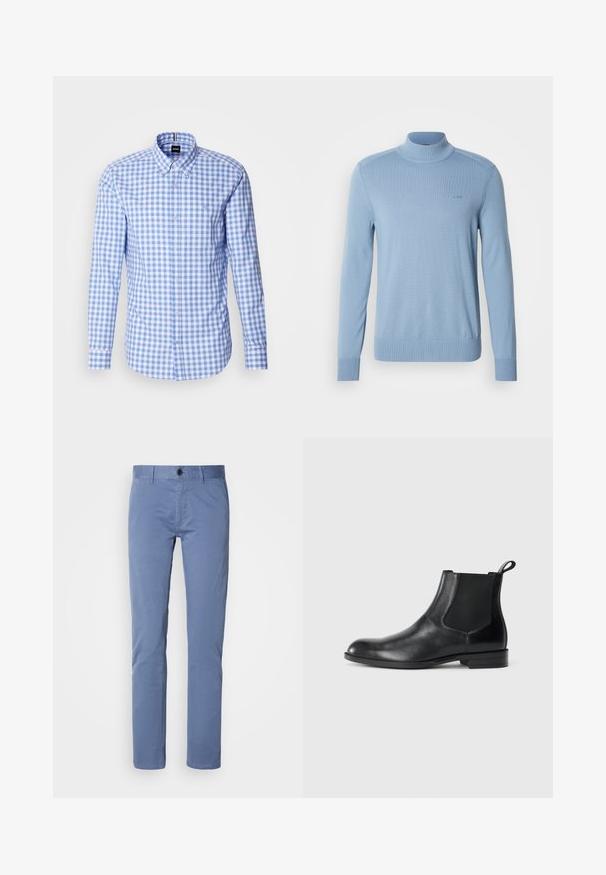 Suéter de cuello alto azul claro hecho de tela de punto suave, con puños y dobladillo acanalados, y un pequeño logo en el pecho.; Camisa de patrón de cuadros azul y blanco con mangas largas, cuello abotonado y bordado del logo en el pecho. Material de algodón suave.; Chinos de algodón azul claro con una textura suave, diseño de pierna recta y un cierre de botón único en la cintura. Ajuste entallado con bolsillos laterales.; Botín negro de cuero hasta el tobillo con paneles elásticos a los lados, punta redondeada y lengüeta. Textura suave, suela plana, diseño minimalista.