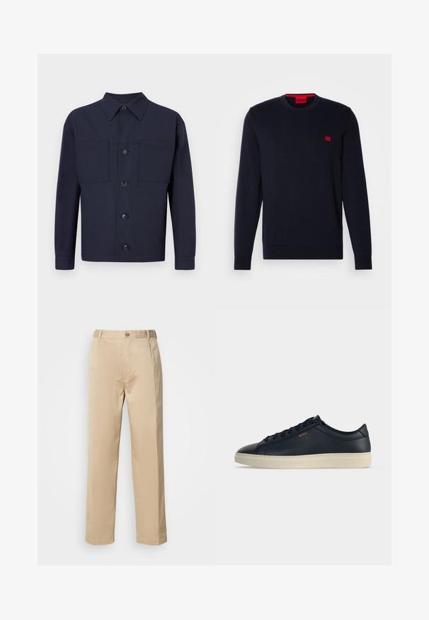 Suéter de punto azul marino con escote redondo, puños y dobladillo acanalados, y un pequeño logo rojo en el pecho. Textura suave, diseño casual.; Chaqueta de botones color azul marino hecha de una tela de textura suave. Presenta dos bolsillos en el pecho y un cuello puntiagudo, con cuatro botones en la parte delantera.; Pantalones beige hechos de una tela ligera, con un diseño de pierna recta, cinturilla con trabillas y un solo botón en la parte frontal.; Zapatilla deportiva de piel azul marino de perfil bajo con suela de goma color crema y marca "BOSS" en dorado en el lateral, mostrada de perfil.