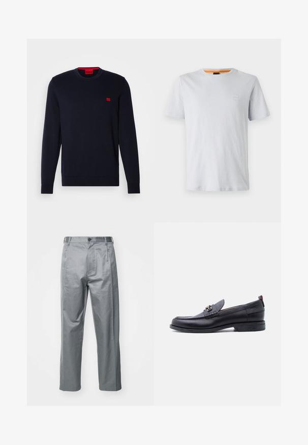 Suéter de punto azul marino con escote redondo, puños y dobladillo acanalados, y un pequeño logo rojo en el pecho. Textura suave, diseño casual.; Camiseta de manga corta gris claro hecha de algodón, con un pequeño parche de logo en el pecho y un acento naranja en contraste en el cuello.; Pantalones de algodón gris con un diseño de pierna recta, que cuentan con un cierre de botón en la parte delantera, presillas para el cinturón y bolsillos laterales.; Mocasín de cuero negro con empeine gris texturizado, detalle de hebilla metálica plateada, tacón bajo y lengüeta para tirar en la parte trasera.