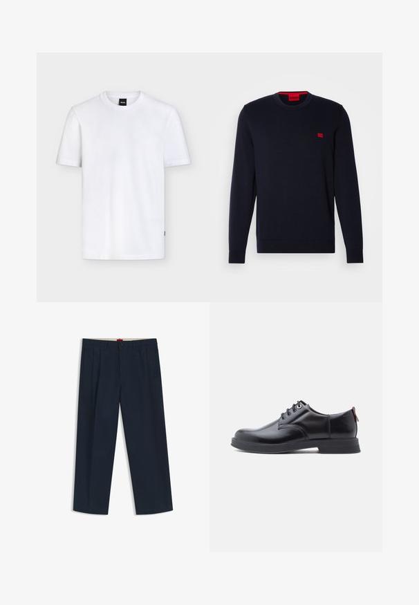 Suéter de punto azul marino con escote redondo, puños y dobladillo acanalados, y un pequeño logo rojo en el pecho. Textura suave, diseño casual.; Camiseta blanca lisa de manga corta y cuello redondo con una pequeña etiqueta negra de la marca en el cuello y una textura sutil en la tela.; Pantalones anchos de color azul marino oscuro con trabillas para cinturón, cierre frontal con botón y cremallera, y bolsillos laterales, mostrados sobre un fondo blanco.; Zapatos de piel negra con cordones, textura lisa, puntera redondeada y detalles sutiles de costura. Cuentan con una lengüeta roja en el talón.