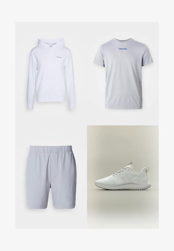 Hvid hoodie lavet af blødt materiale, med en afslappet pasform, en krydsende høj hals, lange ærmer og et lille logo på venstre front.; Lys grå kortærmet t-shirt lavet af tekstureret stof, med et blåt "Calvin Klein" logo tværs over brystet. Rund halsudskæring, normal pasform.; Lysegrå badebukser med elastisk talje, to sidelommer og et glat, letvægtsstof. Ingen synlige mønstre eller udsmykninger.; Hvid lavtop atletiksko med tekstureret sål, snørebånd foran og "cK" logo på siden, vist i profil på en neutral baggrund.