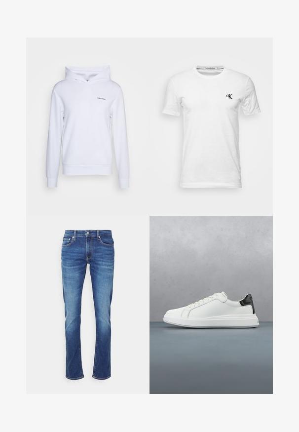 Weißer Hoodie aus weichem Material mit lockerer Passform, einem überkreuzten Kragen, langen Ärmeln und einem kleinen Logo auf der linken Vorderseite.; Weißes T-Shirt mit kurzen Ärmeln und Rundhalsausschnitt mit kleinem schwarzem "CK"-Logo auf der linken Brust, Marke Calvin Klein Jeans, Größe Medium.; Blaue Denim-Jeans mit ausgewaschenen Effekten, Frontknopf- und Reißverschluss sowie Fünf-Taschen-Design vor weißem Hintergrund.; Weiße Sneaker mit einem glatten Obermaterial aus Leder und einem kontrastierenden schwarzen Fersenakzent. Ausgestattet mit flachen Schnürsenkeln und einer strukturierten Gummisohle.