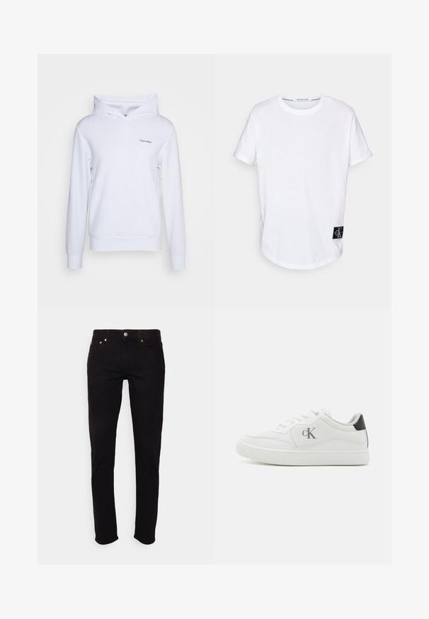 Sudadera blanca de material suave con un ajuste relajado, cuello de embudo cruzado, mangas largas y un pequeño logo en la parte frontal izquierda.; Camiseta blanca de algodón con mangas cortas enrolladas, dobladillo redondeado y una etiqueta de logo negra que presenta "CK" en la esquina inferior izquierda.; Vaqueros negros de corte ajustado con cierre de botón y cremallera, bolsillos delanteros y traseros, mostrados sobre fondo blanco.; Zapatillas blancas de material sintético, con una textura suave, puntera redondeada, acento en el talón negro y logotipo en relieve en el lateral.