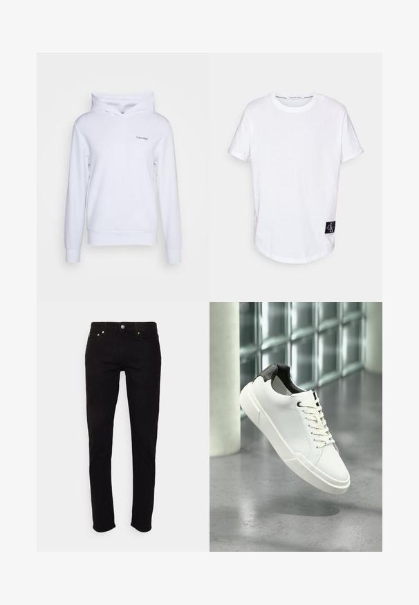 Hvid hoodie lavet af blødt materiale, med en afslappet pasform, en krydsende høj hals, lange ærmer og et lille logo på venstre front.; Hvid bomulds T-shirt med rullede korte ærmer, afrundet kant og et sort logo-tag med "CK" i nederste venstre hjørne.; Sorte slim-fit jeans med knap- og lynlås, for- og baglommer, vist på hvid baggrund.; Hvid lav tå-sneaker med sort struktureret hælfane, hvide snørebånd og tyk sål på en poleret betongulv nær glasblokke.