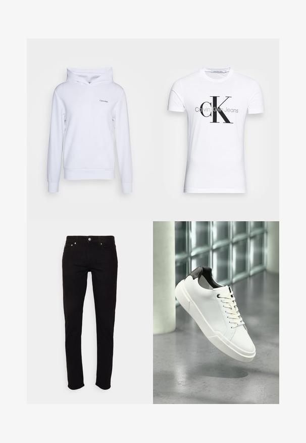 Sudadera blanca de material suave con un ajuste relajado, cuello de embudo cruzado, mangas largas y un pequeño logo en la parte frontal izquierda.; Camiseta blanca de manga corta con gran logo de texto negro "cK" y gris "Calvin Klein Jeans" en la parte delantera.; Vaqueros negros de corte ajustado con cierre de botón y cremallera, bolsillos delanteros y traseros, mostrados sobre fondo blanco.; Zapatilla blanca de perfil bajo con lengüeta del talón texturizada en negro, cordones blancos y suela gruesa sobre un suelo de cemento pulido cerca de bloques de vidrio.