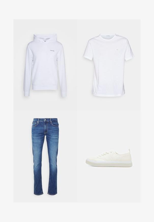 Witte hoodie gemaakt van zacht materiaal met een ontspannen pasvorm, een crossover-funnel hals, lange mouwen en een klein logo op de linkervoorzijde.; Witte katoenen t-shirt met korte mouwen, ronde hals, en een klein merklabel op de borst. Gladde textuur en minimalistisch ontwerp.; Blauwe spijkerbroek met vervaagde effecten, voorkant met knoop- en ritssluiting, en vijfzakkenstijl tegen een effen witte achtergrond.; Calvin Klein TOP LACE UP UNIFIT - Sneakers laag - salt bay