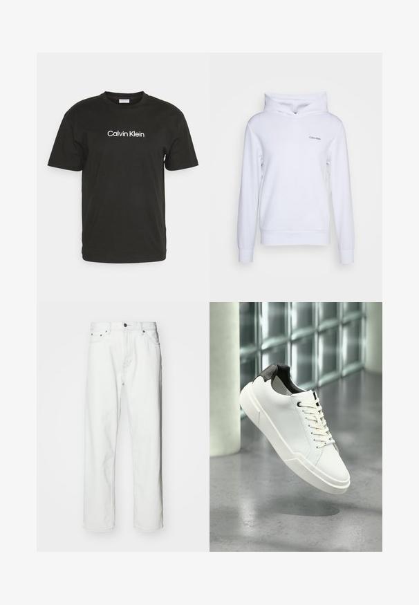 Witte hoodie gemaakt van zacht materiaal met een ontspannen pasvorm, een crossover-funnel hals, lange mouwen en een klein logo op de linkervoorzijde.; Zwarte katoenen t-shirt met een ronde halslijn en korte mouwen, met het logo "Calvin Klein" in het wit gedrukt op de voorkant.; Witte denim jeans met een rechte snit, vijf-pocket ontwerp, knoopsluiting en subtiele stikseldetails. Gladde textuur en minimalistische stijl.; Witte lage sneaker met zwarte, gestructureerde hielkap, witte veters en dikke zool op een gepolijste betonnen vloer nabij glazen blokken.