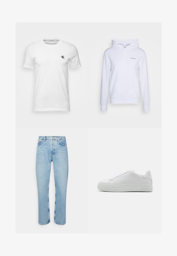 Hvid hoodie lavet af blødt materiale, med en afslappet pasform, en krydsende høj hals, lange ærmer og et lille logo på venstre front.; Hvid T-shirt med korte ærmer og rund hals med lille sort "CK"-logo på venstre bryst, mærke Calvin Klein Jeans, størrelse medium.; Lyseblå denimjeans med lige snit, høj talje, fem-lomme design og synlige strikdetaljer ved sømmene og sømmen.; Hvide lædersneakers med en chunky platformsål, rund tå og seks snørehuller. Glat tekstur med subtile syninger.