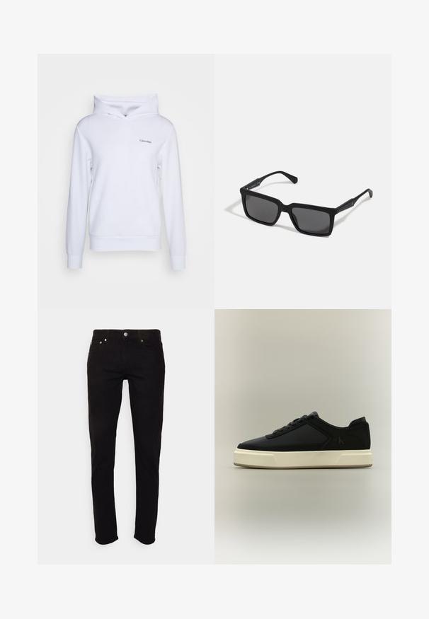 Hvid hoodie lavet af blødt materiale, med en afslappet pasform, en krydsende høj hals, lange ærmer og et lille logo på venstre front.; Sorte slim-fit jeans med knap- og lynlås, for- og baglommer, vist på hvid baggrund.; Sort lavt snøresko med hvid tyk sål, snørret forside og diskret "cK"-logo på siden.; Sorte solbriller med rektangulære linser, mat finish, tykke stel og slanke arme med en subtil brandingdetalje.