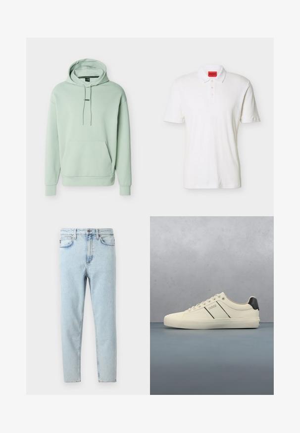 Sudadera con capucha verde claro de tela suave con bolsillo frontal, cordones ajustables y un logo negro centrado en el pecho.; Polo blanco de manga corta con tres botones y una etiqueta roja de la marca HUGO en el interior del cuello.; Vaqueros ajustados de tiro alto en azul claro con botón delantero, cremallera y bolsillos delanteros y traseros, mostrados sobre fondo blanco.; Zapatillas de color crema con una textura suave, que presentan acentos y marcas en negro. Diseño clásico de cordones con punta redonda y suela de goma.