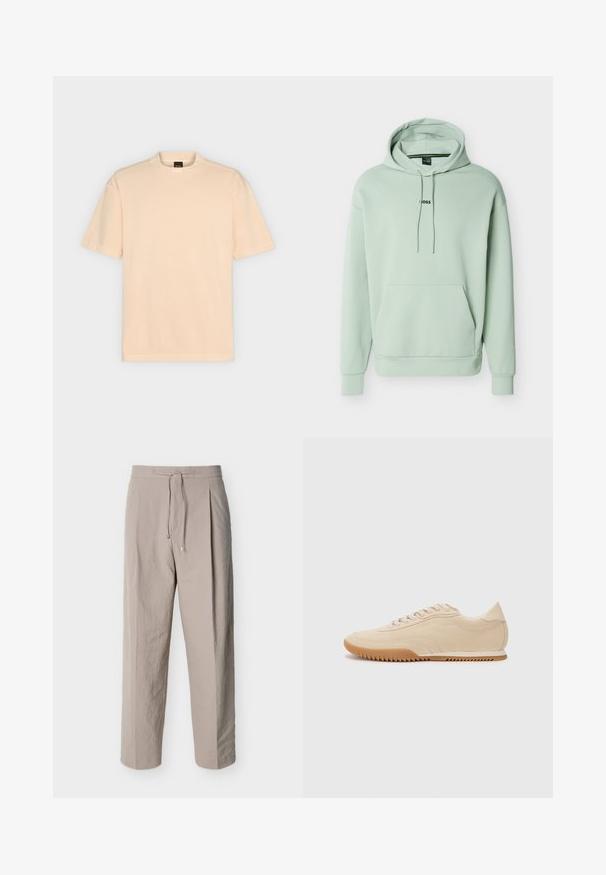 Sweat à capuche vert clair en tissu doux avec une poche avant, des cordons ajustables et un logo noir centré sur la poitrine.; T-shirt beige uni à manches courtes avec col rond et étiquette BOSS à l'intérieur du col arrière, présenté sur un fond gris clair.; Pantalon beige texturé à cordon de serrage, jambes droites et taille élastique, présenté sur un fond blanc.; Baskets en daim beige au design épuré, présentant une tige texturée, un bout rond et une semelle en caoutchouc avec un motif en zigzag.