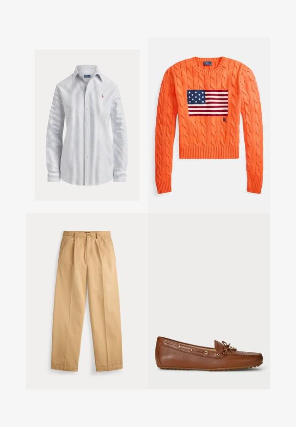 Strickpullover mit Zopfmuster in leuchtendem Orange, mit blauem amerikanischem Flaggenmotiv und roten sowie weißen Streifen. Gerippte Bündchen und Saum. Klassischer Rundhalsausschnitt.; Weißes Hemd mit dünnen vertikalen blauen Streifen, langen Ärmeln, spitzem Kragen und kleinem besticktem Logo auf der Brust.; Beige gerade geschnittene Hose mit Knopf- und Reißverschluss, Fronttaschen, Gürtelschlaufen und gebügelten Bügelfalten an den Beinen.; Braune Leder-Mokassinschuh mit Schnürungen und goldenen Ösen, runder Zehenform und Gummisohle mit kleinen Rillen für guten Halt.