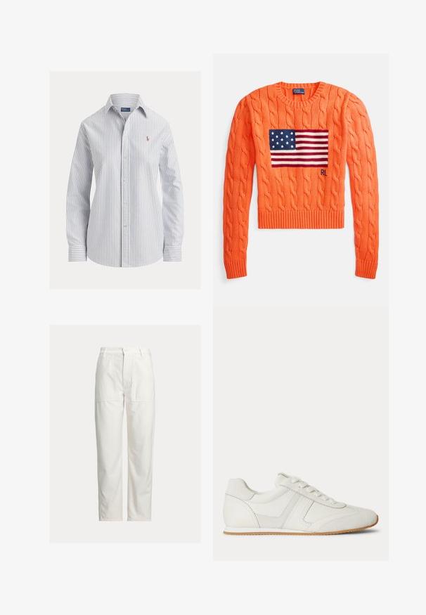 Strickpullover mit Zopfmuster in leuchtendem Orange, mit blauem amerikanischem Flaggenmotiv und roten sowie weißen Streifen. Gerippte Bündchen und Saum. Klassischer Rundhalsausschnitt.; Weißes Hemd mit dünnen vertikalen blauen Streifen, langen Ärmeln, spitzem Kragen und kleinem besticktem Logo auf der Brust.; Weiße Hose mit geradem Bein, großen aufgesetzten Taschen vorne, Gürtelschlaufen und Knopfverschluss in der Taille.; Weißer Sneaker mit niedrigem Schaft, Schnürung vorne, Velours- und Lederpaneelen sowie einer hellbraunen Gummisohle auf weißem Hintergrund.