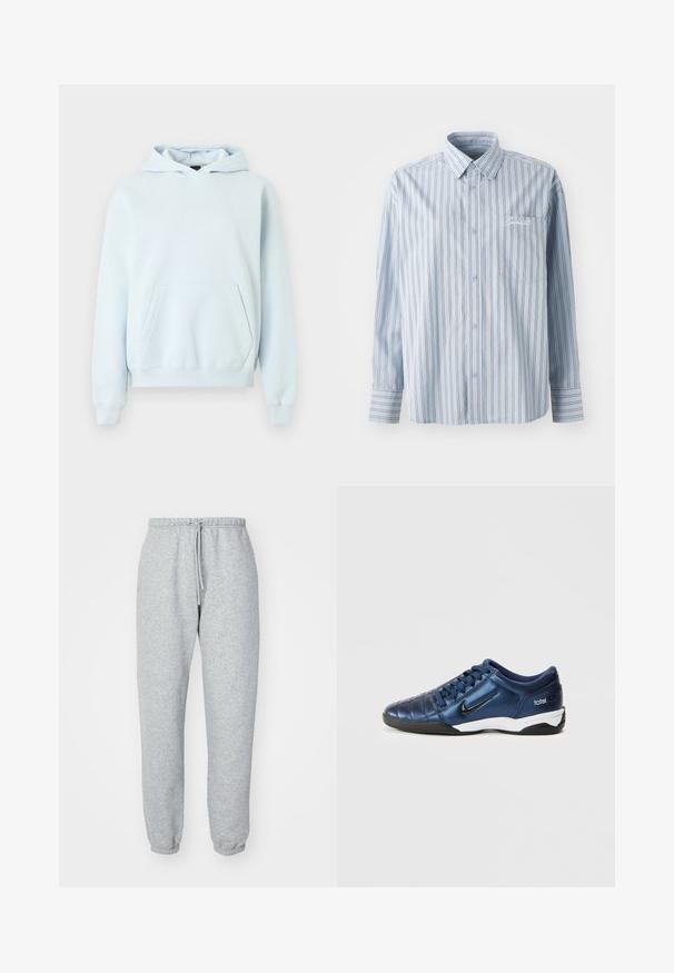 Helehall sinine pullover-tunketükk ees oleva kängurutasku, soonikkoes varrukate otste ja alaosa ning väikese tagasihoidliku logoga vasakul rinnal.; Heledasinine pikad varrukad nööbitav särk, millel on valged ja tumedad vertikaalsed triibud ning ees rinna tasku, kus on valge kirjaembroidery.; Hallid hallid treeningpüksid, mis on valmistatud pehmest, tekstureeritud kangast. Omavad elastset vööd nööriga, kitsenevaid pahkluupesasid ning ei sisalda nähtavaid mustreid ega logosid.; Sinine sünteetilisest materjalist sportlik toss, millel on quiltitud disain, must logo ja valge tallaosa. Omab paelaga kinnitust ja madalat profiili.