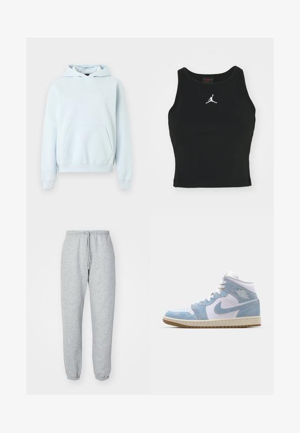 Lichtblauwe pullover-hoodie met een voorzak in kangoeroestijl, geribbelde manchetten en zoom, en een klein, subtiel logo op de linkerborst.; Zwarte, op maat gemaakte tanktop van katoen, met een ronde halslijn en een wit Jordan-logo dat op het midden van de voorkant is gestikt. Soepele textuur.; Grijze sweatpants gemaakt van zachte, gestructureerde stof. Voorzien van een elastische tailleband met koord, taps toelopende enkels en zonder zichtbare patronen of logo's.; Jordan AIR JORDAN 1 MID SE - Sneakers hoog - white/worn blue/sail/light brown