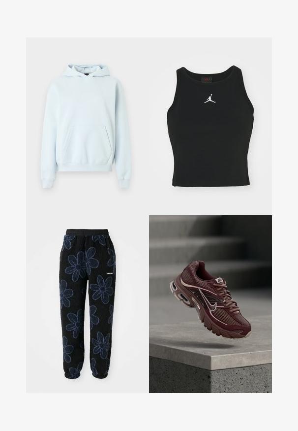 Sudadera con capucha azul claro tipo pulóver, con bolsillo canguro frontal, puños y dobladillo acanalados, y un pequeño logo sutil en el pecho izquierdo.; Top ajustado negro de algodón, con un escote redondo y un logo de Jordan blanco bordado en el centro del frente. Textura suave.; Pantalones de chándal de felpa con un fondo negro y un patrón floral en azul oscuro. Presentan una cintura elástica y bolsillos laterales. Textura suave.; Zapatilla de correr Nike color granate con tejido de malla, cuello acolchado, suela gruesa y detalles en blanco. El diseño presenta una puntera redondeada y cordones prominentes.