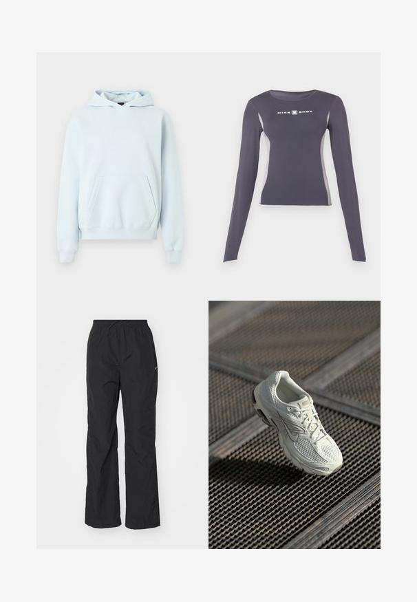 Lyseblå pullover-hoodie med frontlomme som en kængurulomme, ribbet kant ved ærmer og kant samt lille subtilt logo på venstre bryst.; Mørkegrå langærmet tætsiddende atletiktrøje med lysegrå sidepaneler og hvidt "Nike Shox" logo på brystet.; Sorte, letvægtsbukser med elastisk talje og snøre. Har en tekstureret overflade og et lille reflekterende logo på siden.; Hvide Nike løbesko med overdel i mesh og syntetisk materiale, som hviler på metalristgulv i blødt naturligt lys.