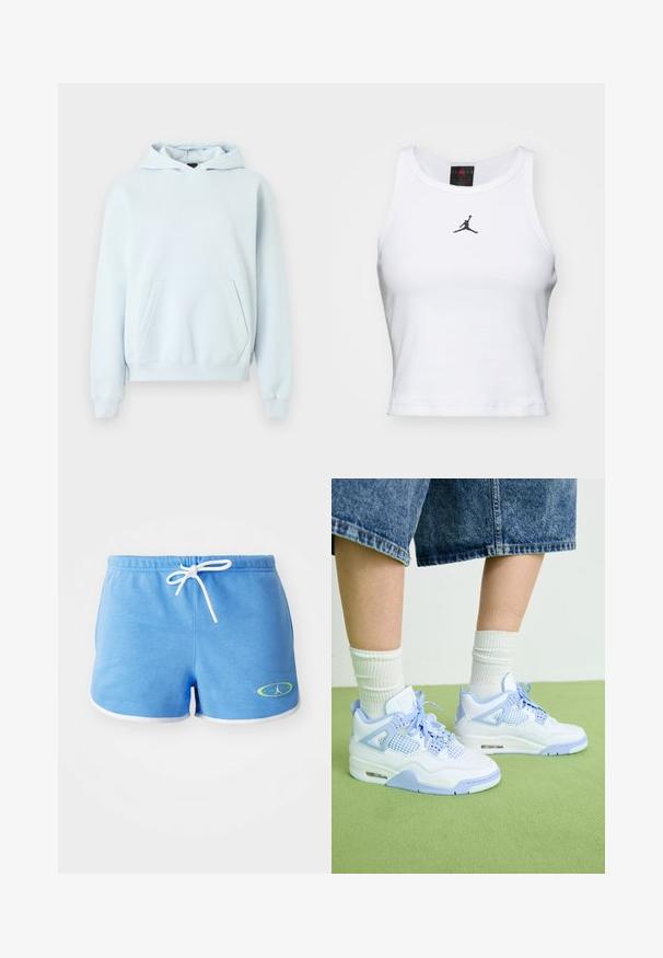 Lyseblå pullover-hoodie med frontlomme som en kængurulomme, ribbet kant ved ærmer og kant samt lille subtilt logo på venstre bryst.; Hvid cropped tanktop lavet af bomuld med ribbet tekstur. Har et sort Jordan-logo i midten og en klassisk rund halsudskæring.; Lyseblå bomulds shorts med hvid snor, der har hvid kant og et logo med grøn akcent på nederste venstre side.; Hvide og lyseblå sneakers med mesh-detaljer, rund tå, snørebånd og en luftdæmpningsenhed, parret med hvide ribbede sokker og denimshorts.