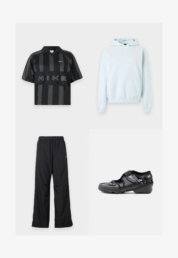 Sweat à capuche bleu clair avec poche kangourou à l'avant, poignets et ourlet côtelés, et petit logo discret sur la poitrine gauche.; Polo Nike manches courtes à rayures verticales noires et gris foncé, col, virgule Nike blanche et grand texte NIKE sur la poitrine.; Pantalon de sport noir avec une ceinture élastique, des poches latérales et une coupe ample. Confectionné dans un tissu léger et lisse avec un léger éclat.; Chaussure Nike Air noire avec bride velcro, décorée de petites ornements floraux noirs sur le côté et à l'avant.