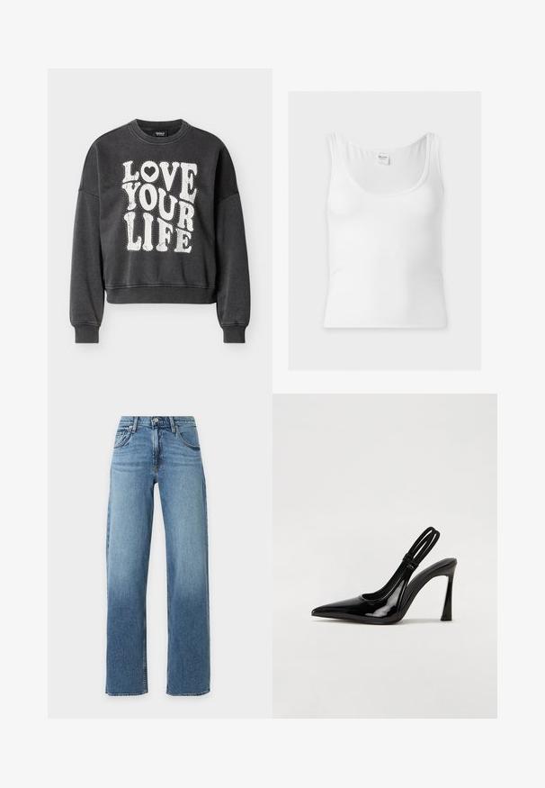 Sudadera negra recortada con cuello redondo, con un gran texto blanco "LOVE YOUR LIFE" y un detalle de corazón, fabricada con un tejido cómodo.; Camiseta de tirantes sin mangas blanca con textura acanalada, escote redondo y etiqueta de la marca Hollister en la parte trasera del cuello.; Vaqueros azules de tiro alto con pierna recta, bolsillos delanteros, trabillas para cinturón y cierre con botón y cremallera.; Zapato de tacón con tirante en negro de charol, punta afilada, tacón alto y delgado, y doble tira elástica para un ajuste seguro. Superficie suave y brillante.