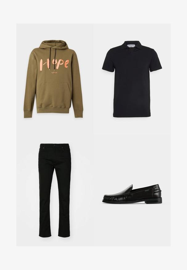 Olivengrøn hættetrøje med sorte snore, forlomme og stor lyserød "Hope" tekst over brystet.; Sort kortærmet polo-shirt med klassisk krave, lavet af glat stof. Har et mærke med brandnavnet 'Filippa K' ved halsudskæringen.; Sorte denim jeans med lige ben design, fem lomme-stil og knaplukning. Glat tekstur med subtile stikninger detaljer.; Sort læder slip-on loafer med flettet detalje langs siderne og en lav hæl på en hvid baggrund.