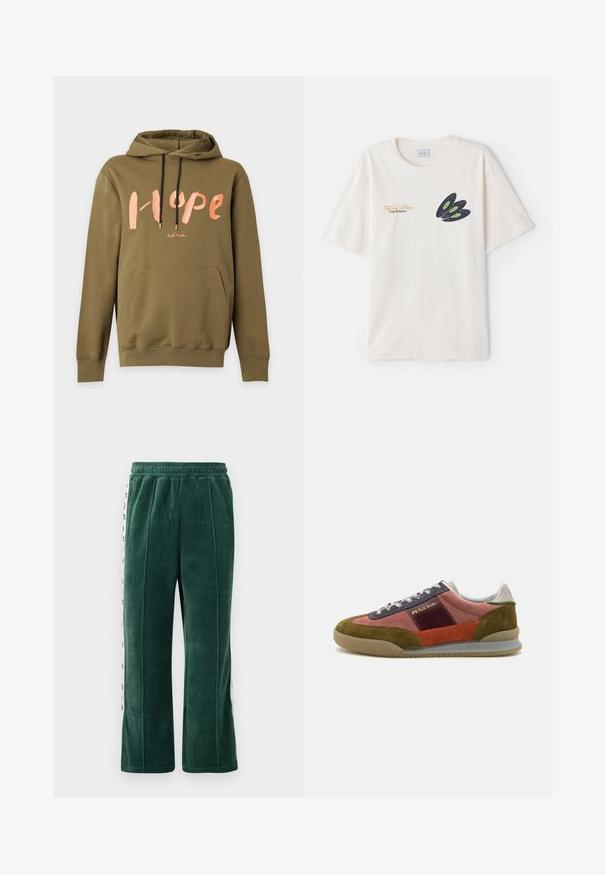 Olivgroene capuchonsweater met zwarte trekkoorden, voorvak en grote roze "Hope" tekst op de borst.; Crème-kleurige katoenen t-shirt met een donkere vinylplaat grafiek met groene accenten en gouden tekst op de voorkant. Korte mouwen, ronde hals.; Donkergroene velours joggingbroek met elastische tailleband, featuring verticale naden en witte zijpanelen met zwarte tekst. Rechte snit.; PS Paul Smith DOVER - Sneakers laag - pink