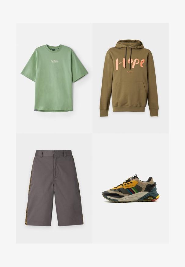 Olivengrøn hættetrøje med sorte snore, forlomme og stor lyserød "Hope" tekst over brystet.; Grøn kortærmet t-shirt lavet af bomuld, med rund hals og et lille hvidt logo på brystet. Glat tekstur, afslappet pasform.; Grå shorts lavet af et glat stof, med sidepaneler i leopardprint, flad front og standard taljeelastik.; Multifarvede sneakers med en blanding af suede og mesh-materialer, i en gul og sort farveskema, strukturerede såler og sideaccenter.