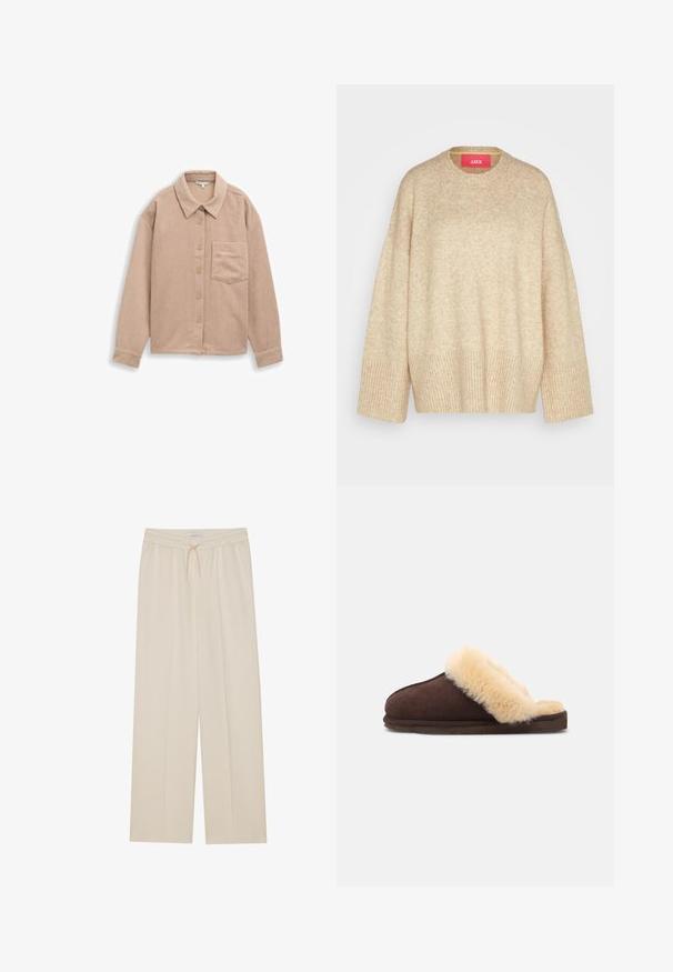 Beige oversized trui met een ronde halslijn, geribbelde mouwen en zoom, gemaakt van zacht, gemêleerd materiaal. Heeft een felrode label.; Beige corduroy overhemdjack met een kraag, een sluiting met vijf knopen en een enkele borstzak. Zachte textuur met verticale ribbels.; Beige wijde broek van zacht materiaal, met een elastische tailleband, trekkoord en zijzakken voor praktische doeleinden.; Bruine suède pantoffel met een crèmekleurige faux fur voering, ontwerp met open achterkant, platte zool en afgeronde vorm voor comfort en warmte.