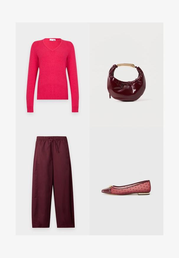 Pull en V de couleur rose vif, fabriqué en matière douce. Manches longues avec poignets et ourlet côtelés pour un ajustement près du corps. Design minimaliste.; Pantalon ample couleur bordeaux avec taille élastique et cordon de serrage, jambes droites, sans poches visibles ni motifs.; Ballerine avec un bout et des bordures bordeaux brillants, présentant un dessus en mesh transparent à pois, un talon plat et des détails en métal doré.; Sac à main en simili cuir bordeaux avec une forme arrondie, des détails froncés et une anse en métal doré. Texture lisse et finition brillante.