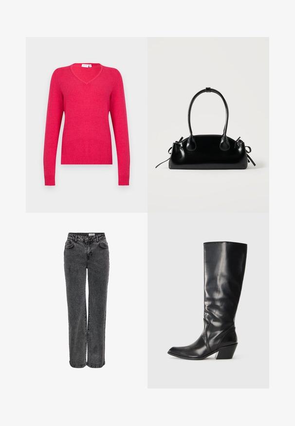 V-Ausschnitt Pullover in leuchtendem Pink, gefertigt aus weichem Material. Lange Ärmel mit gerippten Bündchen und Saum für eine figurbetonte Passform. Minimalistisches Design.; Schwarze Jeans aus Denim mit einem geraden Bein Design, inklusive Fronttaschen, Gürtelschlaufen und einer dezenten, ausgewaschenen Textur.; Schwarze Leder-Stiefel bis zum Knie mit spitzem Zeh, angularer Ferse und glatter Textur. Verfügt über einen dezenten gesteppten Akzent an der Seite.; Kleine schwarze glänzende Handtasche mit zwei langen Griffen und seitlichen Kordelzug-Details vor einfachem hellem Hintergrund.
