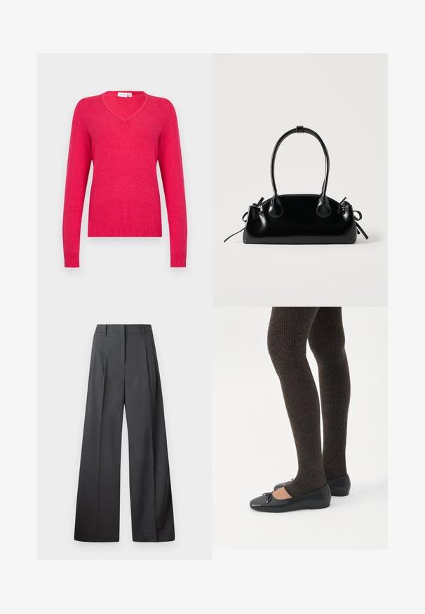 V-hals sweater i klar pink, lavet af blødt materiale. Lange ærmer med ribkant ved ærmer og kant for et tætsiddende look. Minimalistisk design.; Bredde benbukser i mørkegrå stof, med høj talje, enkelte læg og en glat tekstur med en ren finish ved kanten.; Ben iført mørke ribbede leggings kombineret med sorte balletsko med små sløjfedetaljer på hvid baggrund.; Lille sort blank håndtaske med to lange håndtag og snøre-detaljer i siden på en ensfarvet lys baggrund.