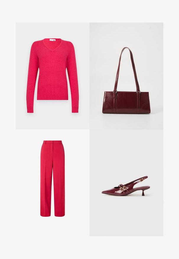 V-hals sweater i klar pink, lavet af blødt materiale. Lange ærmer med ribkant ved ærmer og kant for et tætsiddende look. Minimalistisk design.; Højtaljede, vide røde bukser med bæltesløjfer og skjult frontlukning på en hvid baggrund.; Burgunderfarvet patenteret lædersko med åben hæl og spids tå, to flade stropper med guldspænder og en lille hæl.; Bordeaux håndtaske lavet af glansfuldt materiale, rektangulær form, med to skulderremme og subtile buede detaljer på forsiden.