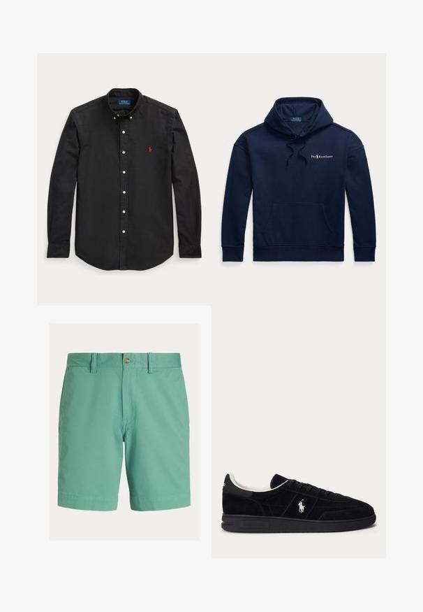 Marineblauwe hoodie met voorzak, trekkoord in de capuchon en klein wit Polo Ralph Lauren-logo op de linkerborst.; Zwarte blouse met lange mouwen en knopen, met rood geborduurd logo op de linkerborst en een button-down kraag.; Herenshorts in lichtgroen, gemaakt van een katoenmengsel. Voorzien van een vlakke voorkant, knoopsluiting, riemlussen en zijzakken. Soepele textuur.; Zwarte lage sneaker met zwarte veters, witte voering en wit Polo Ralph Lauren-logo op de zijkant en hiel.