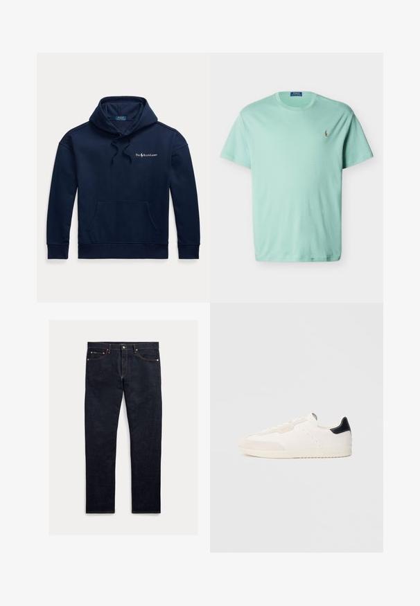 Marineblå hættetrøje med frontlomme, snøretrækshætte og lille hvid Polo Ralph Lauren-logo på venstre bryst.; Lysegrøn Polo Ralph Lauren t-shirt med rund hals, korte ærmer og lille broderet hestelogo på venstre bryst.; Mørke denimjeans med lige ben, fem lommer, orange syninger og lukning med knapper. Stoffet har en glat tekstur.; Hvide lædersneakers med ruskindsdetaljer, der har en sort hælfane, snøredesign, perforerede detaljer og diskret branding på siden.