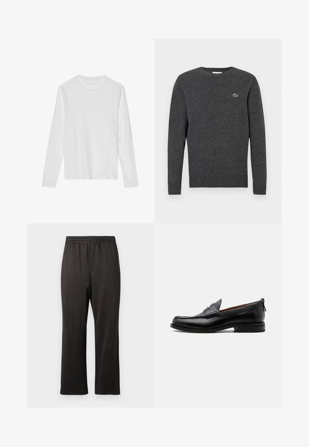 Suéter de punto gris oscuro de manga larga con puños y dobladillo acanalados, con un pequeño logo bordado de cocodrilo en el pecho izquierdo.; Camiseta blanca de manga larga hecha de algodón suave, con cuello redondo y una textura lisa sin patrones ni detalles visibles.; Pantalones negros con cintura elástica y diseño de pierna recta. Fabricados con una tela suave y con sutiles detalles de costura en la parte frontal.; Mocasín de hombre de piel negra con costura moc toe, tira penny, cuello texturizado y tacón bajo apilado sobre fondo blanco.