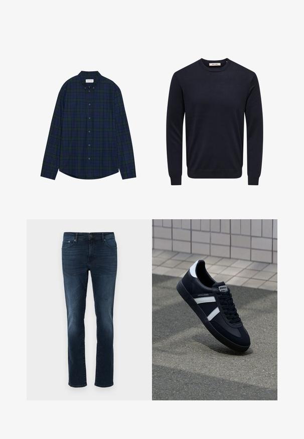 Mørkeblå langærmet crewneck sweater med ribstrikkede manchetter, kant og halsudskæring, med mærket "Only & Sons" inde i kraven.; Marineblå og grønternet knap-ned skjorte med afrundet søm, lange ærmer og krave. Har tolv knaplukninger. Blød stofstruktur.; Mørkeblå denim jeans med lige snit, medium taljehøjde, fem lommer og stikninger. Glat tekstur med let slidte accenter.; Sort lædersneaker med hvide striber, tekstureret gummisål og snørrebånd foran. Har et brandet mærke på tungen.