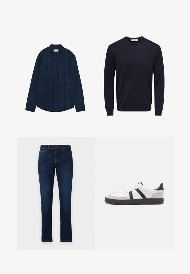 Mørkeblå langærmet crewneck sweater med ribstrikkede manchetter, kant og halsudskæring, med mærket "Only & Sons" inde i kraven.; Marineblå og grønternet knap-ned skjorte med afrundet søm, lange ærmer og krave. Har tolv knaplukninger. Blød stofstruktur.; Mørkeblå denimjeans med slim fit, standard fem lomme-design og lukning med knap og lynlås. Glat tekstur med minimal falming.; Hvide sneakers med sorte og grå detaljer, med en tekstureret grå tåhætte, sort gummisål og flade hvide snørebånd. Rent design, minimalistisk stil.