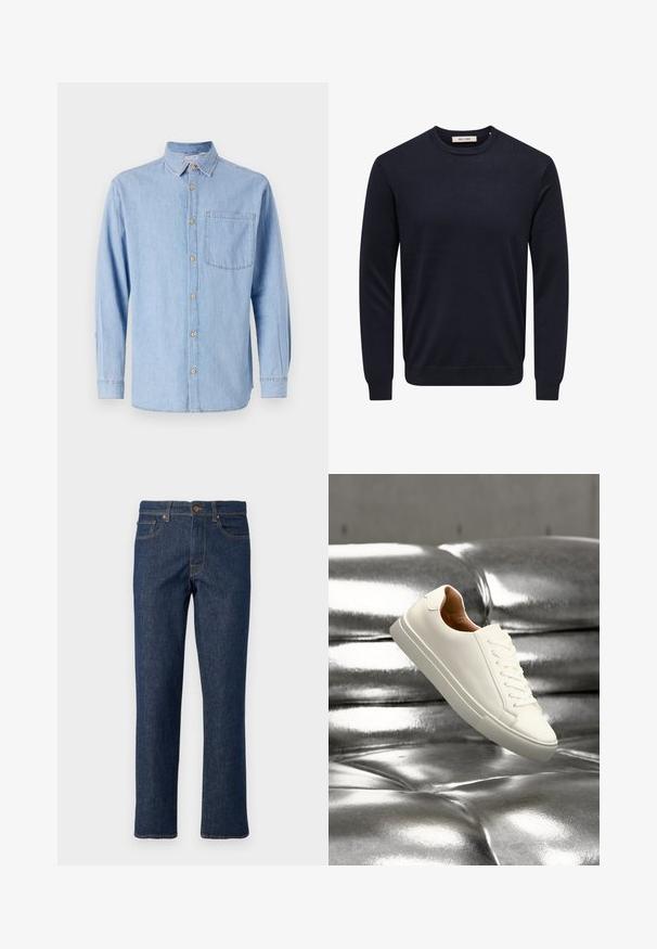 Marineblauer Langarmpullover mit Rundhalsausschnitt, gerippten Bündchen an Ärmel, Saum und Hals, mit dem Label "Only & Sons" innen am Kragen.; Helles blaues Denimhemd mit Button-Down-Kragen, langen Ärmeln und einer einzelnen Brusttasche. Mit braunen Knopf-Details und kontrastierenden Nähten.; Dunkelblaue Jeans aus Denim mit geradem Bein, ausgestattet mit einem Knopfverschluss, fünf Taschen und kontrastierenden Nähten.; Weißer Sneaker mit niedrigem Schaft, der über einer glänzenden silbernen, gesteppte Lederoberfläche schwebt.