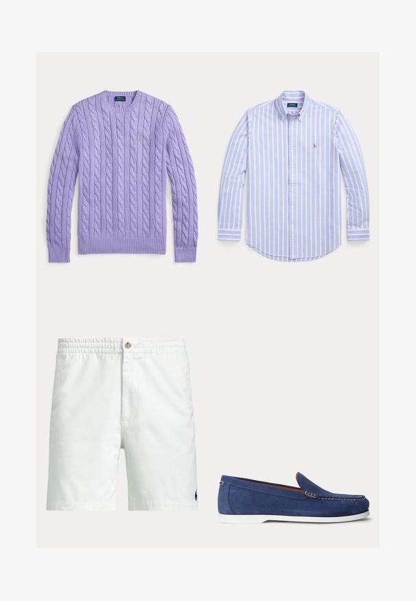 Pull à manches longues en laine torsadée couleur lavande, avec un col rond et le logo brodé de Polo Ralph Lauren sur la poitrine.; Chemise à manches longues avec rayures verticales bleues et roses, col boutonné et petit logo brodé sur la poitrine.; Shorts blancs pour hommes avec ceinture élastique, fermeture par bouton, poches latérales et petit logo foncé près de l'ourlet inférieur sur une jambe.; Mocassin en daim bleu avec semelle blanche et surpiqûres beiges le long du bord supérieur, présenté sur un fond blanc uni.