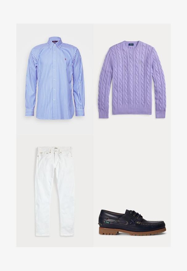 Lavendlivärviline kabeli kudumisega pika varrukaga sviiter, millel on ümar kaelus ja Polo Ralph Laureni logo tikitud rinnale.; Polo Ralph Lauren CUSTOM FIT STRIPED PINPOINT OXFORD SHIRT - Pluus - blue/white; Valged kitsad teksapüksid, millel on viis taskut, nööpidega sulgumine ja vööaasad, asetatud tasapinnale ühtlase hele tausta sisse.; Tumesinine nahast paatinahk pruunast kummist tallaga, valge õmblusega, paeltega ja väike roheline Polo silt külje peal.