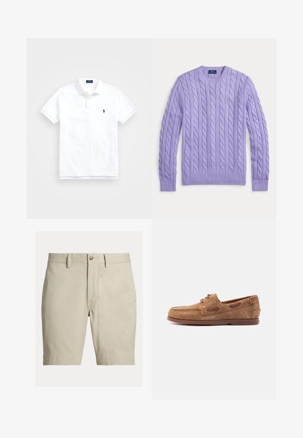 Lavendelfarbener Grobstrickpullover mit langen Ärmeln, Rundhalsausschnitt und eingeprägtem Polo Ralph Lauren-Logo auf der Brust.; Weißes Poloshirt mit kurzen Ärmeln, Kragen, zwei Knöpfen und kleinem dunkelblau besticktem Logo auf der linken Brust.; Beige knielange Shorts mit Gürtelschlaufen, Knopfverschluss und Reißverschluss, vor weißem Hintergrund dargestellt.; Brauner Mokassin aus Wildleder mit Lederband-Details, genähter Spitze und flacher Gummisohle, seitlich auf hellem Hintergrund dargestellt.