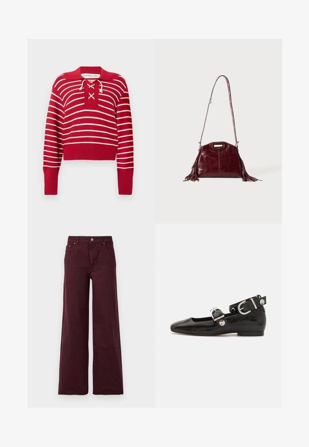 Pull tricot à rayures horizontales rouges et blanches avec col, détail lacé à l'avant, manches longues, poignets et ourlet côtelés.; Jeans larges bordeaux avec taille haute, fermeture à bouton en métal, poches avant et un tissu lisse, légèrement texturé.; Ballerine en cuir verni noir avec un bout carré, sangle de cheville avec des détails en métal argenté et semelle plate. Texture lisse avec un design minimaliste.; Sac à bandoulière en cuir rouge foncé avec des détails à franges et une bandoulière réglable avec boucle argentée sur un fond clair uni.