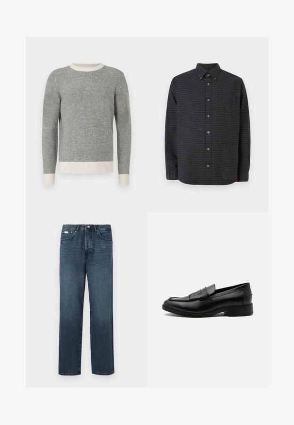 Grå og creme stribet sweater med ribbet rund hals og manchetter. Fremstillet af struktureret stof, med en tætsiddende design og lange ærmer.; Sort skjorte med knapper og et rutemønster i mørkegrøn og lilla. Har en frontlomme og rund krave. Lavet af vævet stof.; Mørkeblå denimbukser med lige pasform, fem lommer, bæltestropper og lynlås. Glat tekstur med subtile blegede detaljer.; Sort læder herre loafers med kvast detalje, rundet tå, lav hæl og glat poleret finish, vist fra siden på hvid baggrund.