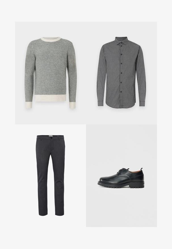 Pull rayé gris et crème avec un col rond côtelé et des poignets. Fabriqué en tissu texturé, offrant un design ajusté et des manches longues.; Chemise à manches longues à carreaux noirs et blancs avec un col boutonné, offrant une coupe régulière et une fermeture à boutons sur le devant. Tissu texturé.; Pantalons slim gris foncé en tissu texturé, dotés d'une fermeture à bouton, de passants de ceinture et de poches latérales pour un usage pratique.; Chaussures derby en cuir noir avec une texture lisse, bout rond, design à lacets et une semelle en caoutchouc épaisse et robuste.