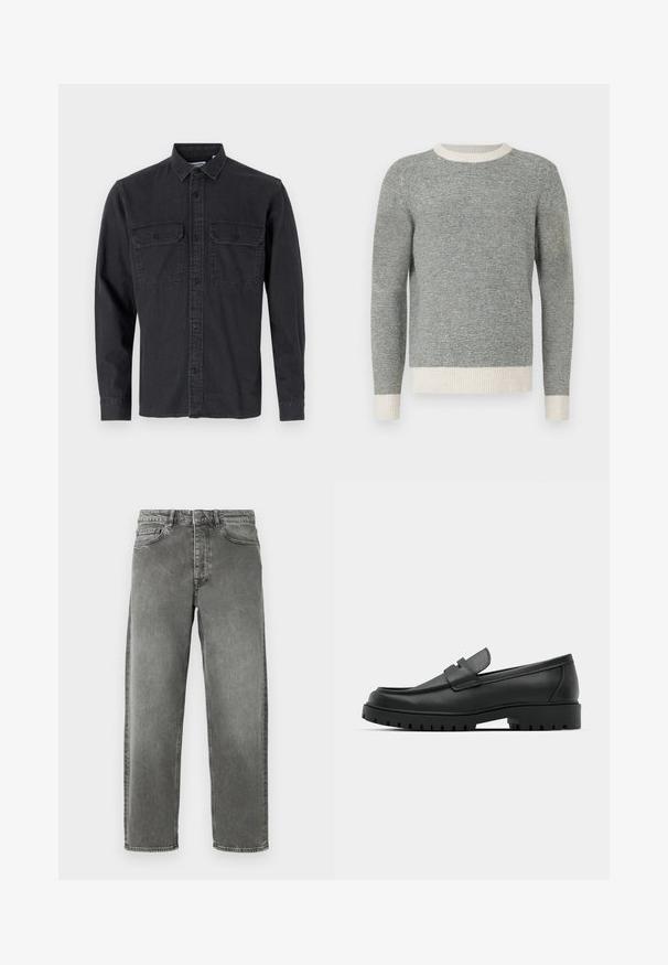 Pull rayé gris et crème avec un col rond côtelé et des poignets. Fabriqué en tissu texturé, offrant un design ajusté et des manches longues.; Chemise à manches longues, de couleur gris foncé, à boutons, en mélange de coton, avec deux poches poitrine et col classique.; Jeans en denim gris avec une coupe droite, style cinq poches et décoloration légère. Dotés d'une fermeture à bouton et de passants de ceinture à la taille.; Mocassins en cuir noir à bout arrondi, avec un design cousu, une semelle plateforme basse et une semelle en caoutchouc texturée et crantée.